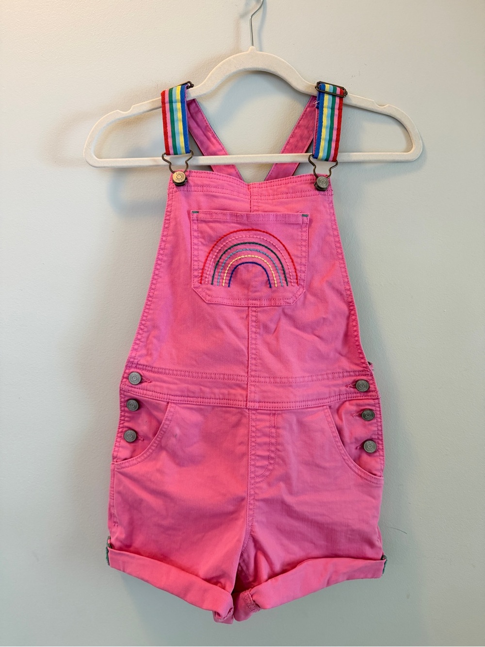 Mini Boden Pink Short Overalls with Rainbow Strap Detail size 9-10